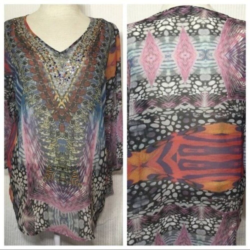 BOHO TOP MULTI COLORS WITH BLING OVERSIZED Medium